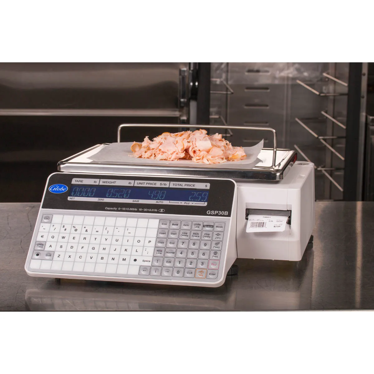Globe GSP30B Label Scale – 30 lb, .01 lb Accuracy, 10"x14" Stainless Steel Platform, UL/NTEP Legal, Dual‑Side LCD