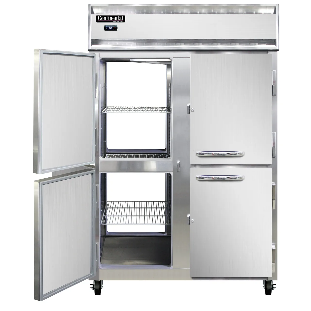 Continental Refrigerator 2RNPTHD 52" 2-Section Pass-Thru Refrigerator w/ 8 Half Doors, Stainless Steel Front Aluminum Ends, 50 cu. ft.