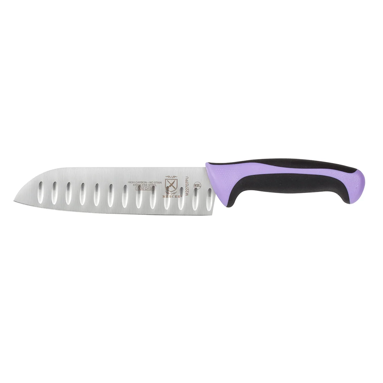 Mercer M22707PU - 7" Purple Santoku Knife, Steel Granton Blade, Santoprene/Poly Handle, NSF