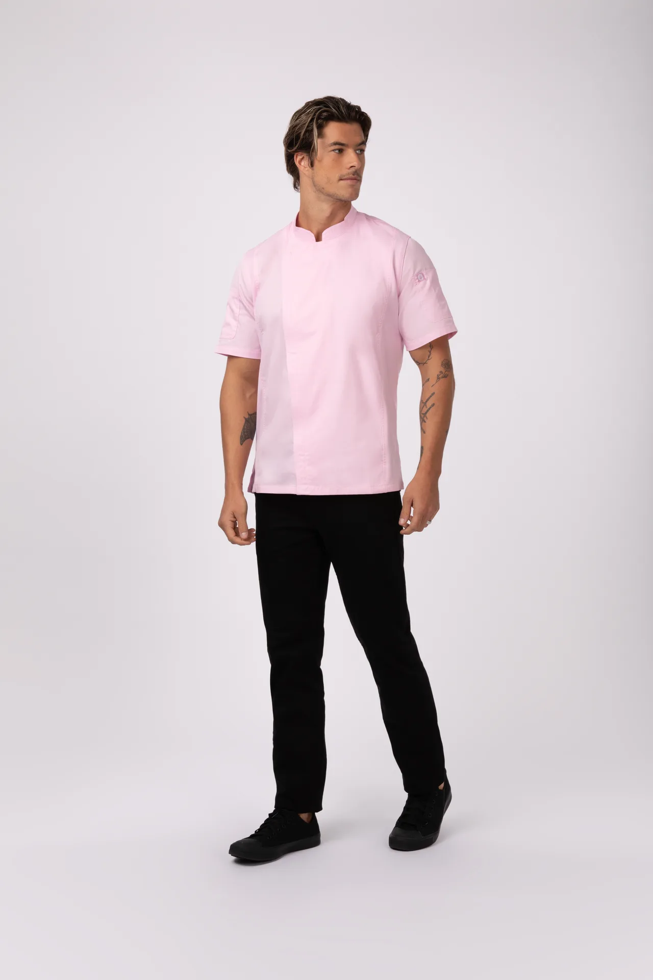 Chef Works BCSZ009-PIN-3XL Chef Coat, 3XL Pink, 65/35 Poly/Cotton Twill, Short Sleeve, Apron Snap