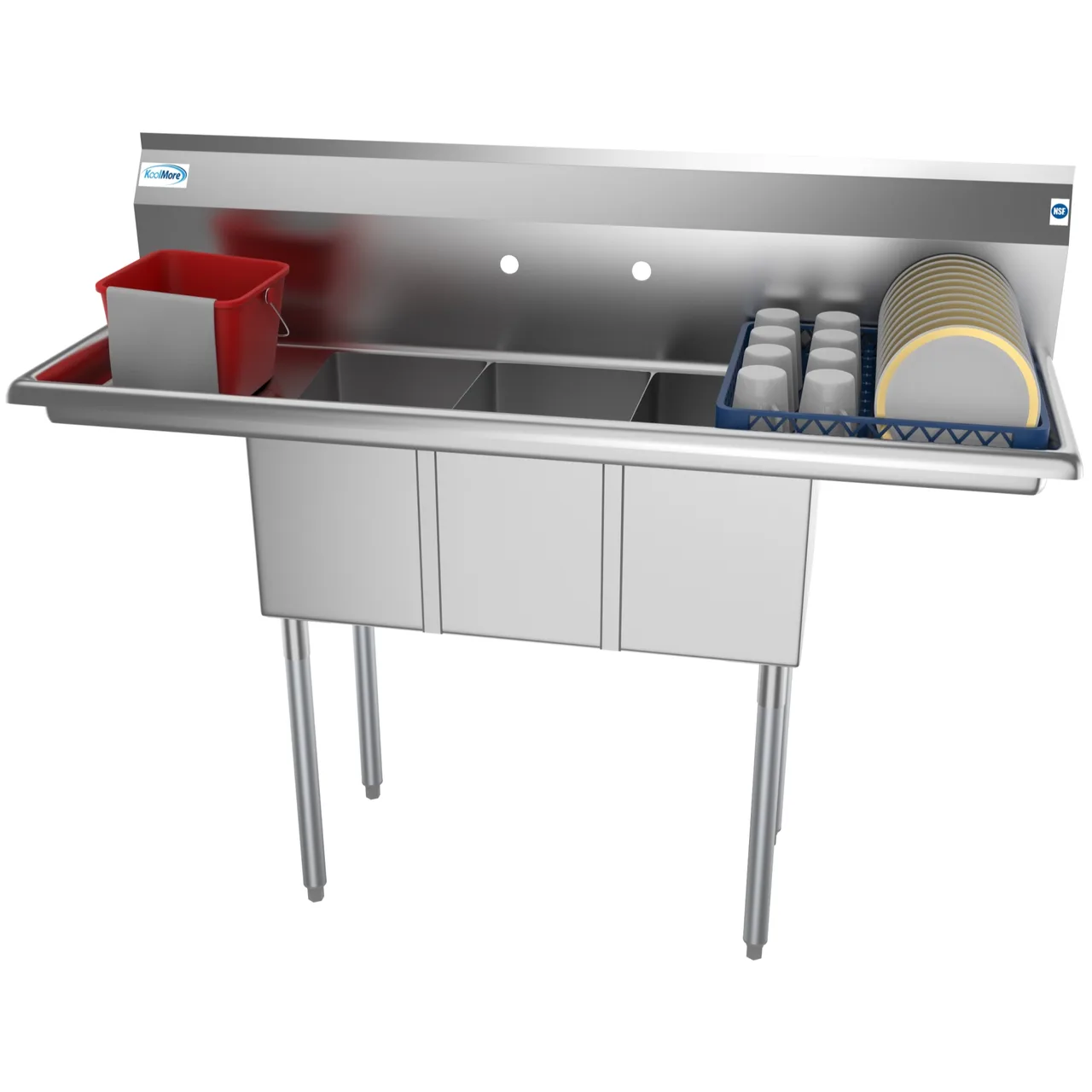 Koolmore SC101410-12B3 54" Three Compartment Sink, 10"W x 14"L Bowl With 2 Drainboards