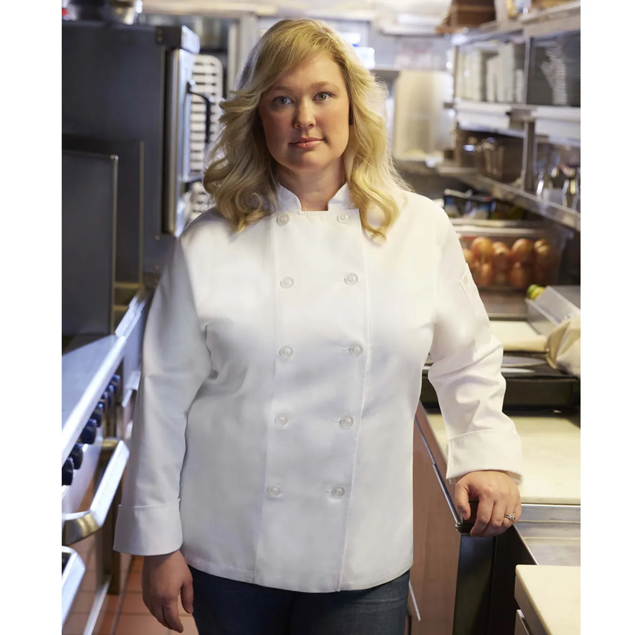 Chef Works BCW004-WHT-M Women’s Chef Coat, Long Sleeve, 65/35 Poly/Cotton, White, Medium
