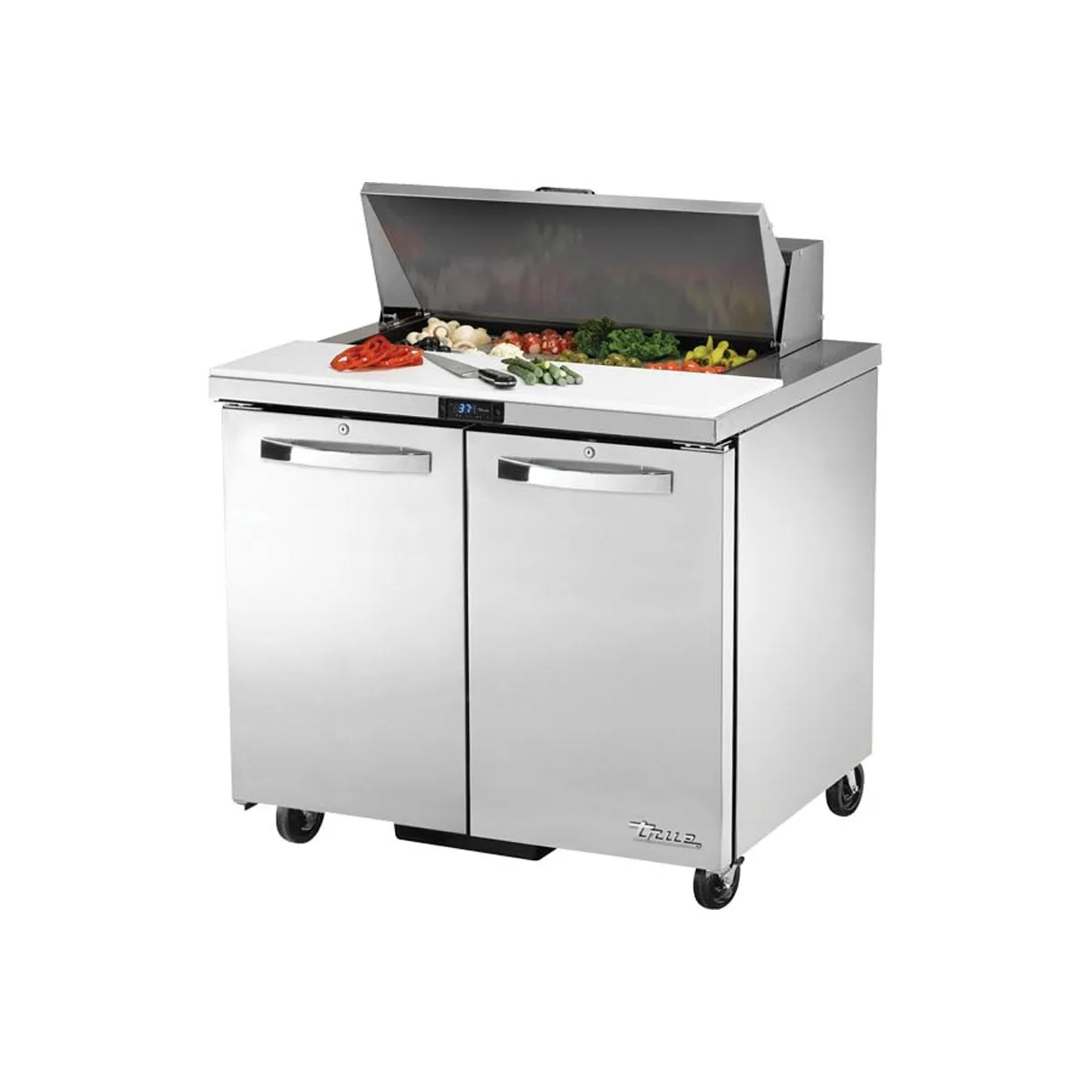 True TSSU-36-08-HC~SPEC3 36" Two Section Sandwich / Salad Prep Table w/ 2 Doors, 8 Pans