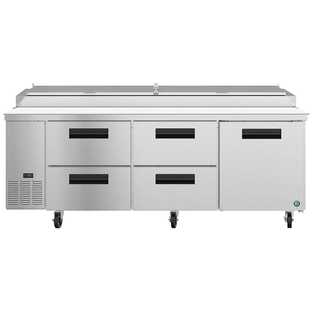 Hoshizaki PR93A-D4 93" 3-Section Refrigerated Pizza Prep Table w/ 4 Drawers & 1 Door