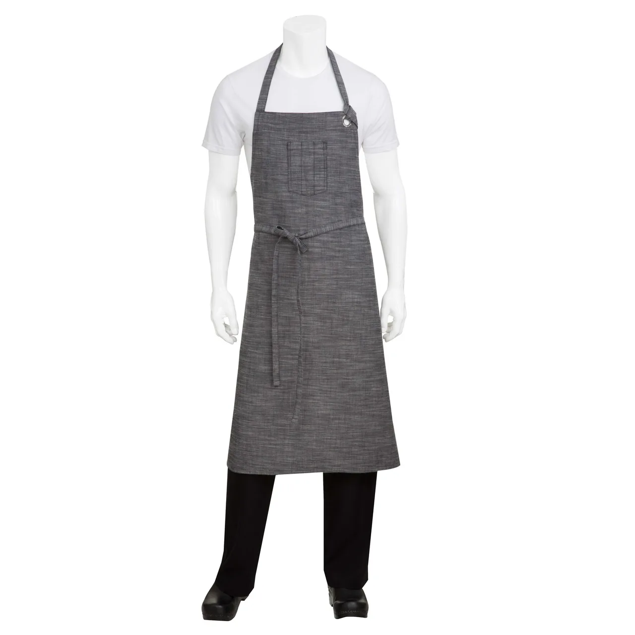 Chef Works ABCXX002-BSL-0 Bib Apron, 40"L x 39"W, Neck Strap, Pocket, Cotton Denim, Black‑Steel Gray
