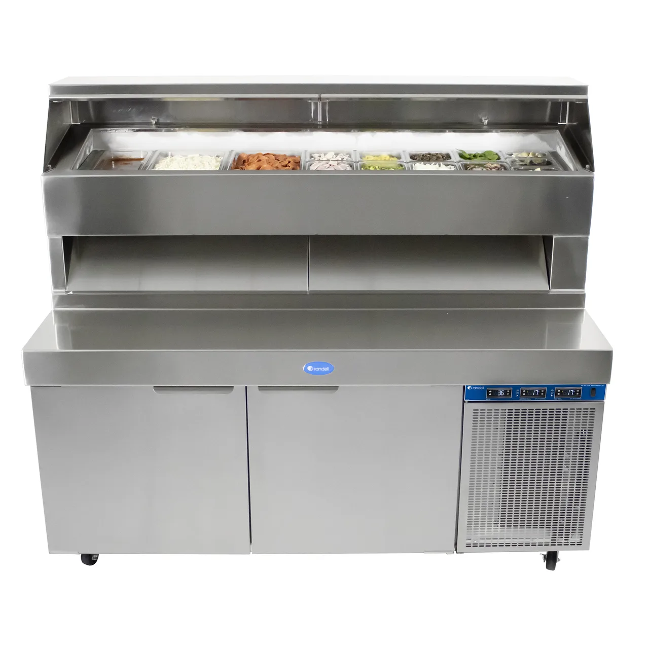 Randell 8272D-290 72" 2 Doors Refrigerated Pizza Prep Table, (17) 1/3 Size Pans
