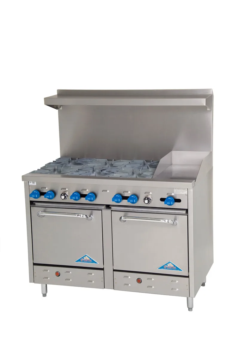 Comstock-Castle F3218-12 48" Gas Restaurant Range w/ (6) Open Burners, 12" Griddle, (2) Space Saver Ovens, 234.000 BTU