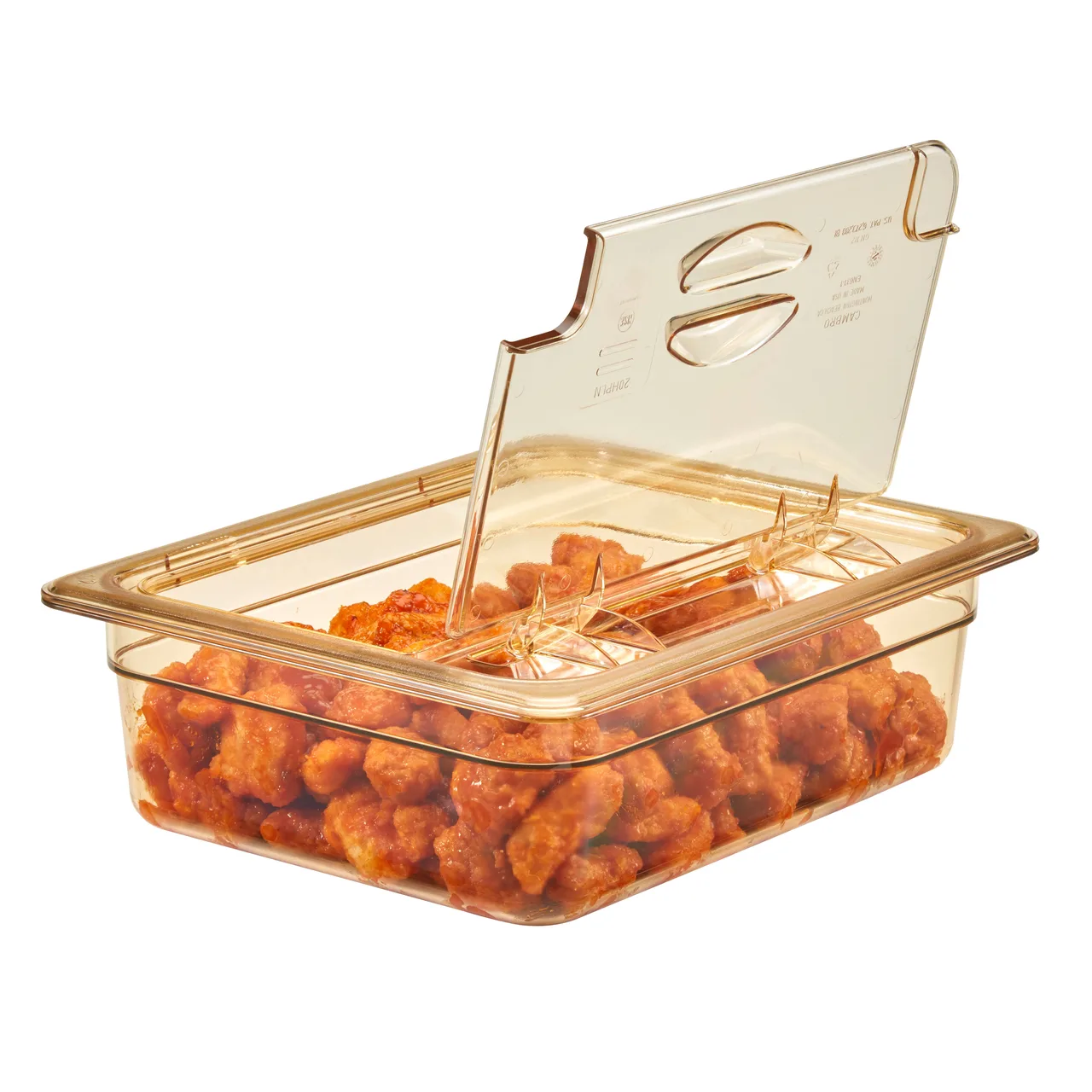 Cambro 20HPLN150 Heat H‑Pan FlipLid 1/2‑Size Amber Lid, Spoon‑Notched, Hinged, -40°F to 300°F NSF