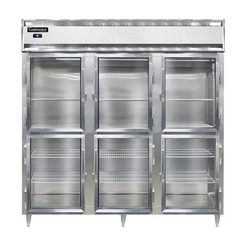 Continental Refrigerator D3RNGDHD 78" 3-Section Reach-In Refrigerator w/ 6 Glass Half Doors, Stainless Steel Front Aluminum Exterior, 72 cu. ft.