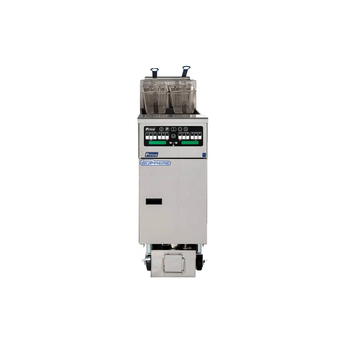 Pitco SELV14T-C/FD Split Pot Floor Model Electric Fryer w/ (2) 15-Lb. Oil Tanks, Filter System