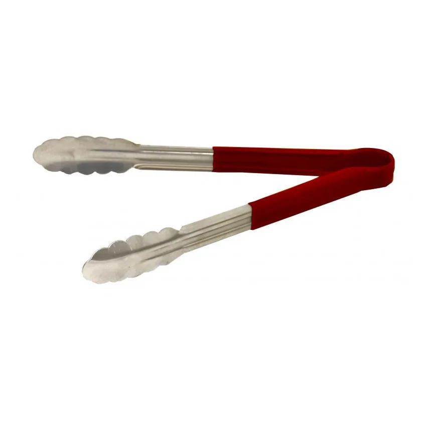 Omcan USA 80546 Utility Tongs – 12" Stainless Steel with Red Plastic Coated Handle, 12"-13" Length