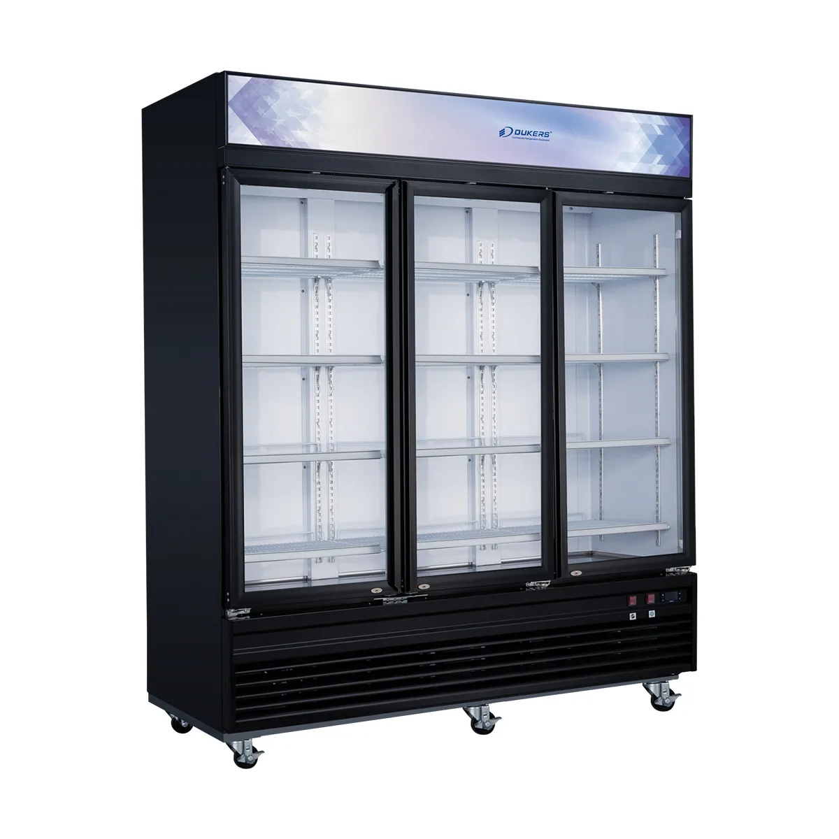 Dukers Appliance Co DSM-69F 78" Three Glass Door Freezer Merchandiser in Black, 69.43 cu. ft.