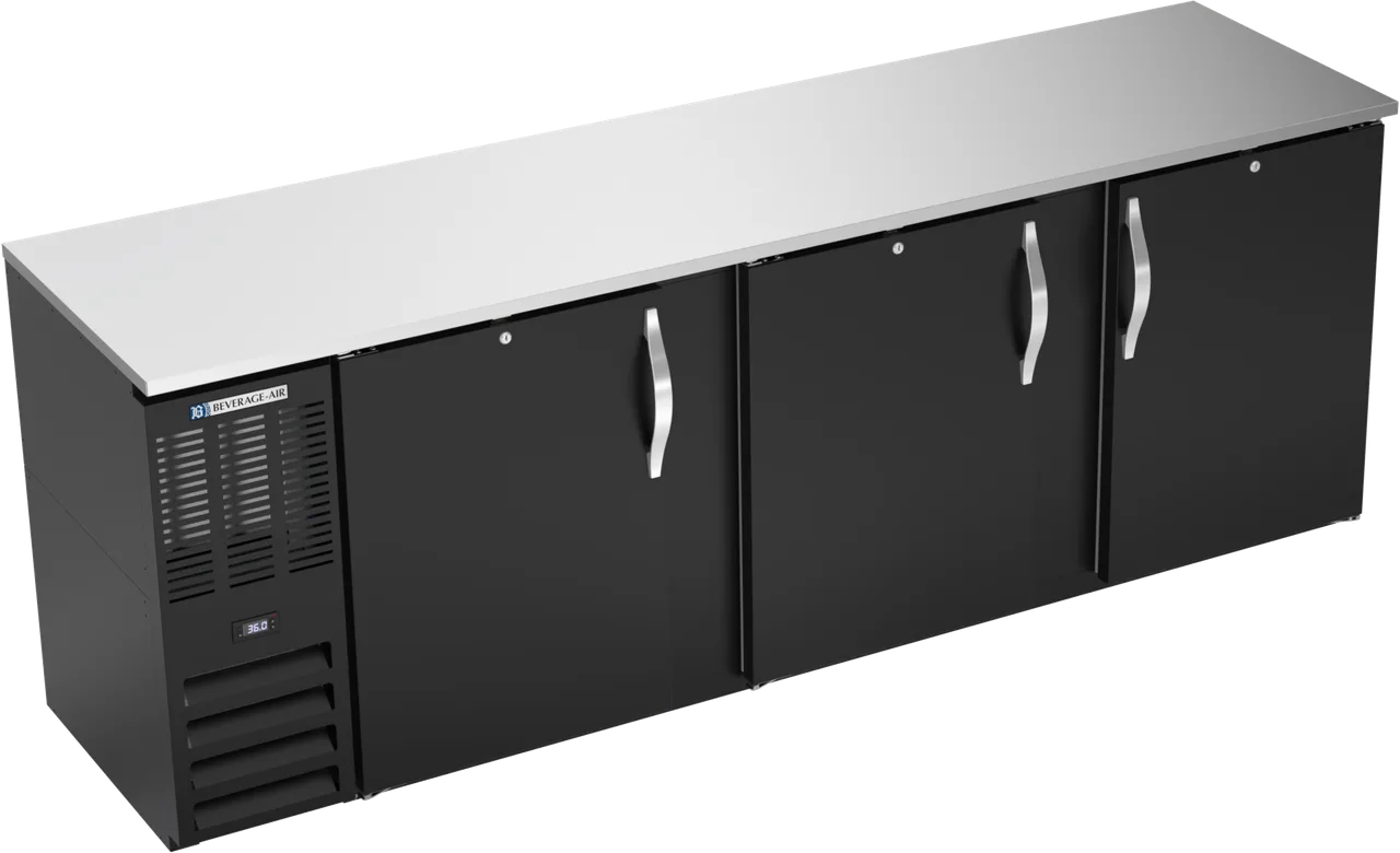 Beverage Air BBN94HC-B Back Bar, 94"×26‑3/8"×34", 27.2cuft, Black/Steel Side 3‑Door R290 1/3 HP 115V