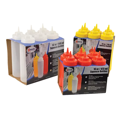 Omcan USA 40472 - 24oz Red Squeeze Bottle, Wide Mouth, Dishwasher Safe, Single Tip, 4/Set