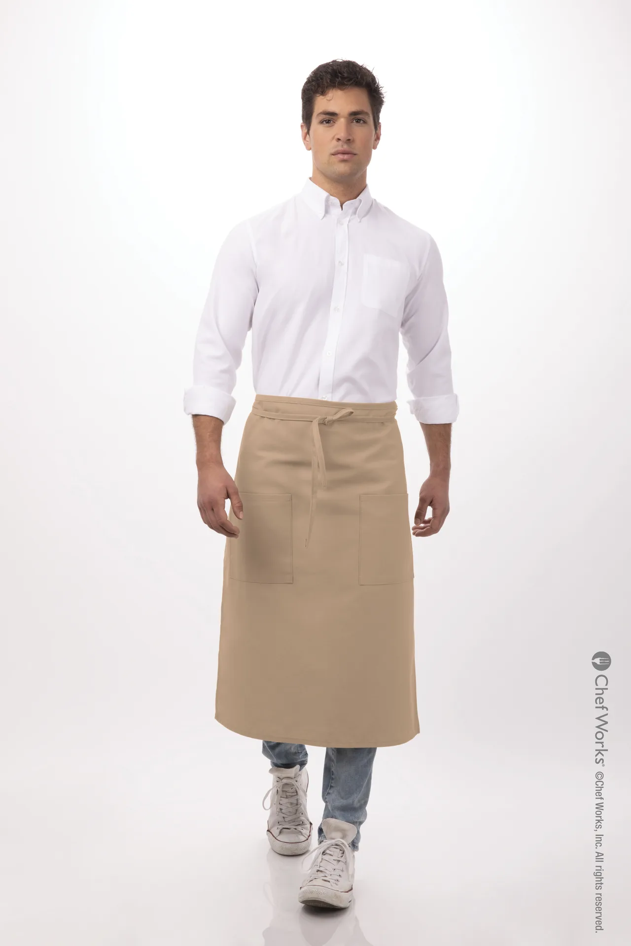 Chef Works 122A-KHA-0 Bistro Waist Apron, 32" L x 27½" W, Khaki, 65/35 Poly/Cotton, 2 Patch Pockets