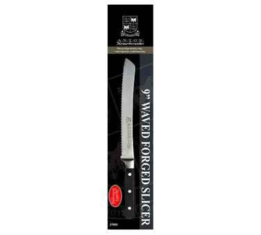 Omcan USA 21882 - 9" Forged Wave Edge Slicing Knife, Anton, Black Plastic Handle, Retail Packaged