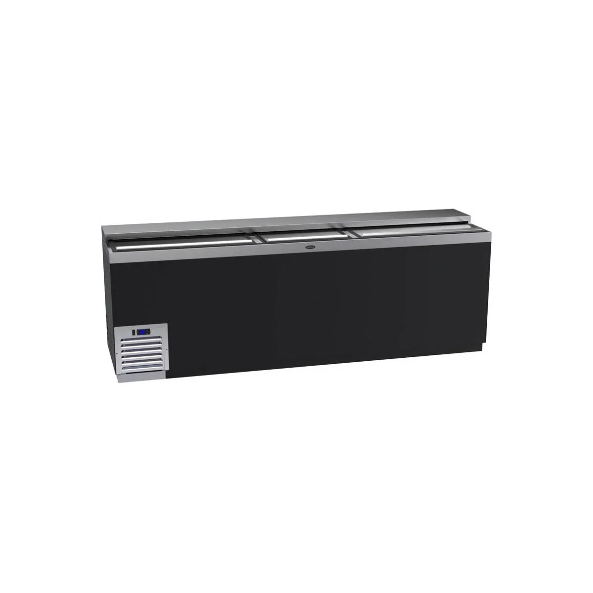Krowne BC96-BG 96" Flat Top Bottle Cooler w/ 3 Sliding Lids, 5 Divider Racks, Black