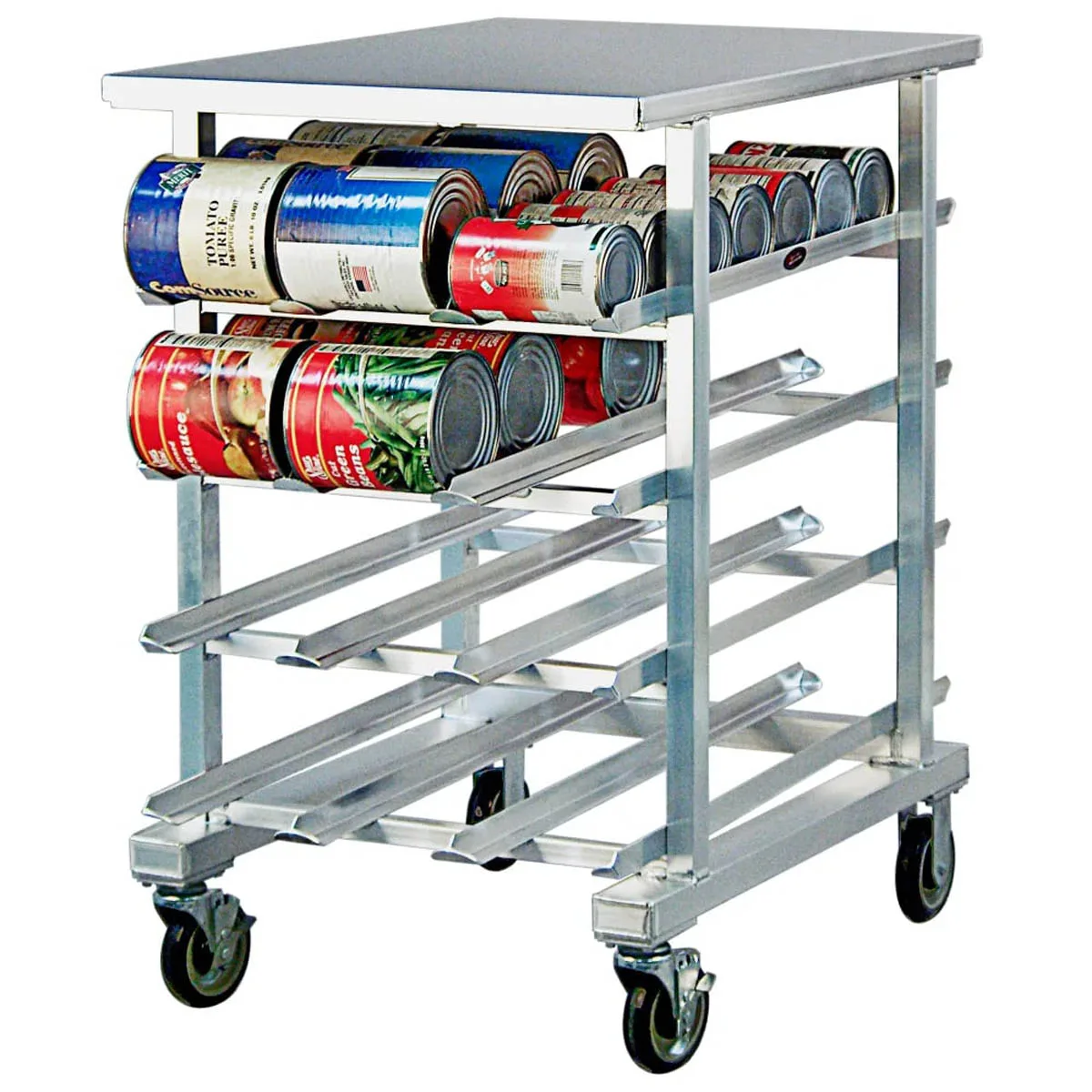 New Age 1225 Aluminum Mobile Can Storage Rack with 72 #10 Cans Capacity and Stainless Top