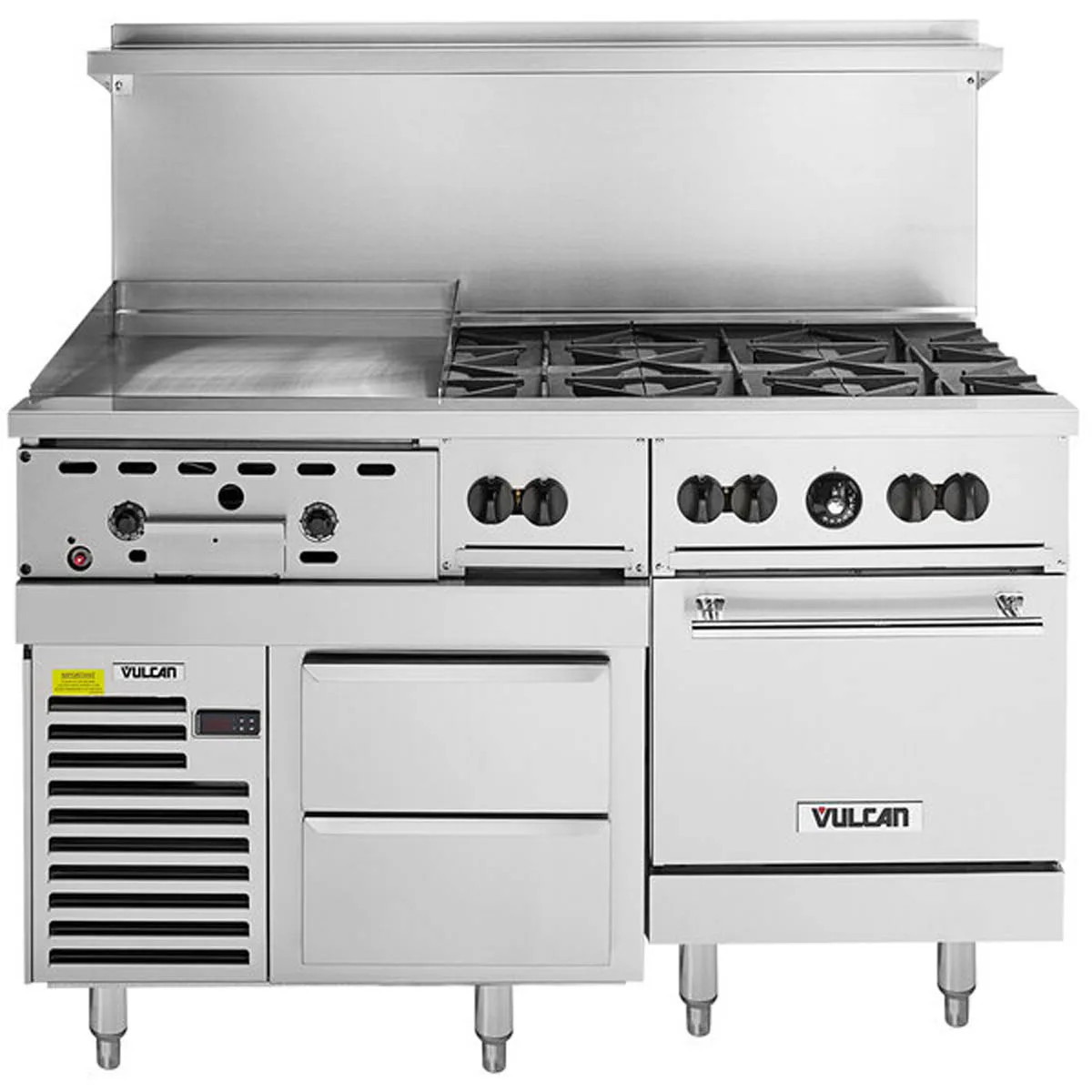 Vulcan 60RS-24GT6B 60" Gas Restaurant Range w/ (6) Open Burners, 24" Griddle Left w/ Thermostatic Controls, (1) Standard Oven, (1) Refrigerated / Freezer Base, 220.000 BTU 