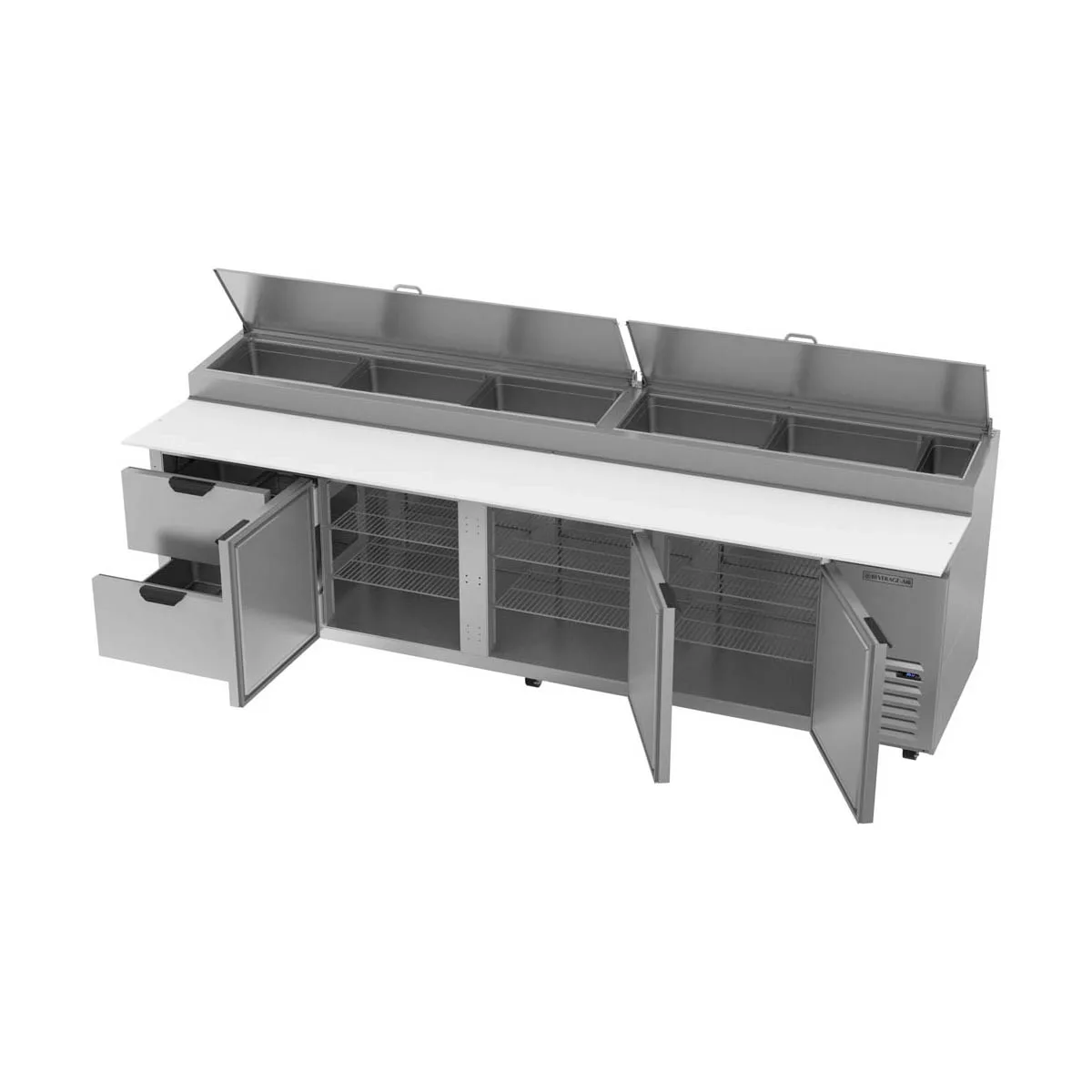 Beverage-Air DPD119HC-2 119" 4-Section Refrigerated Pizza Prep Table w/ 3 Doors & 2 Drawers