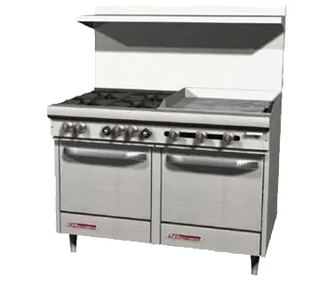 Southbend S48EE-2TL 48" Gas Restaurant Range w/ (4) Open Burners, 24" Griddle Left w/ Thermostatic Controls, (2) Space Saver Ovens, 230.000 BTU