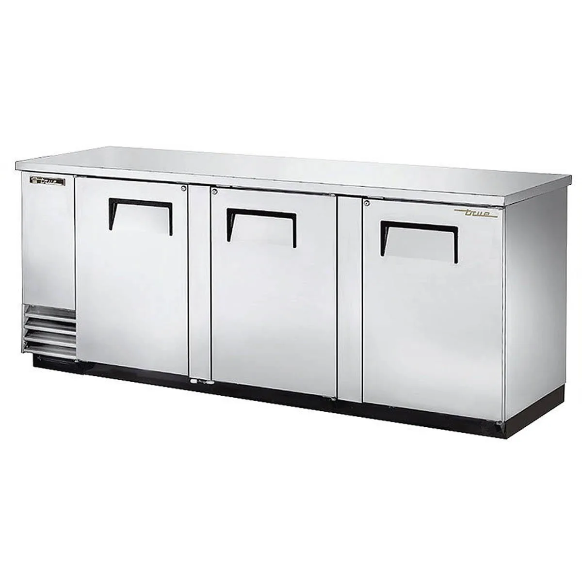 True TBB-4-S-HC 90" Three Solid Swing Door Stainless Steel Back Bar Cooler with Hydrocarbon