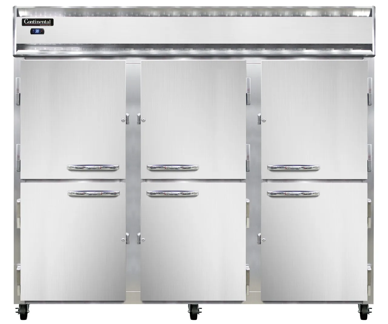Continental Refrigerator 3RESNSSHD 86" 3-Section Reach-In Refrigerator w/ 6 Solid Half Doors, All Stainless Steel, 63 cu.ft.