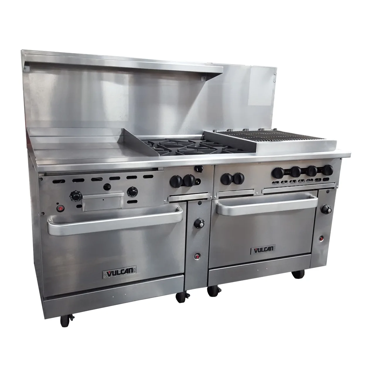 Vulcan 72CC-24GT4B24CB 72" Gas Restaurant Range w/ (4) Open Burners, 24" Griddle Left w/ Thermostatic Controls , 24" Charbroiler Right, (2) Convection Ovens, 294.000 BTU