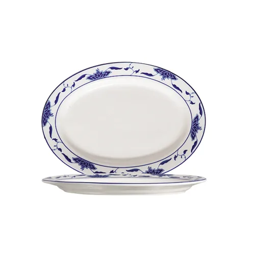 CAC China 103-13 Blue Lotus Platter 11-1/4" L x 8-1/4" W x 1" H Oval Rolled Porcelain Blue - Dozen
