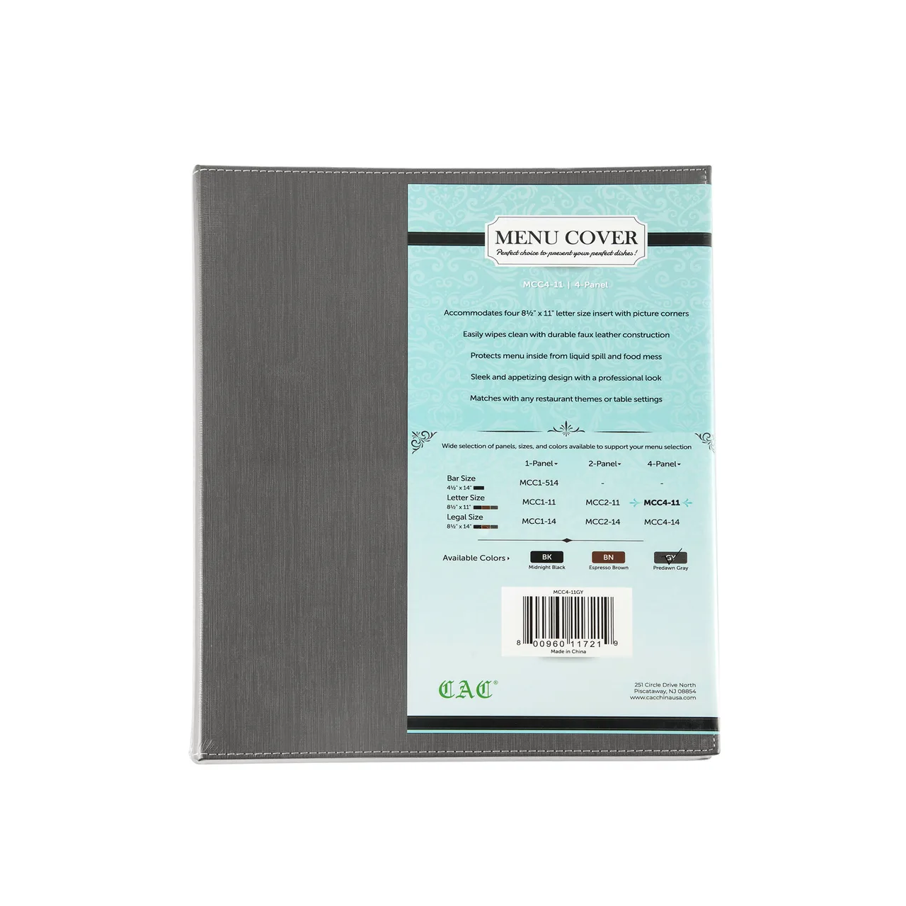 CAC China MCC4-11GY Menu Cover - 4‑Panel Letter Size 8‑1/2" x 11" Faux Leather Gray Booklet