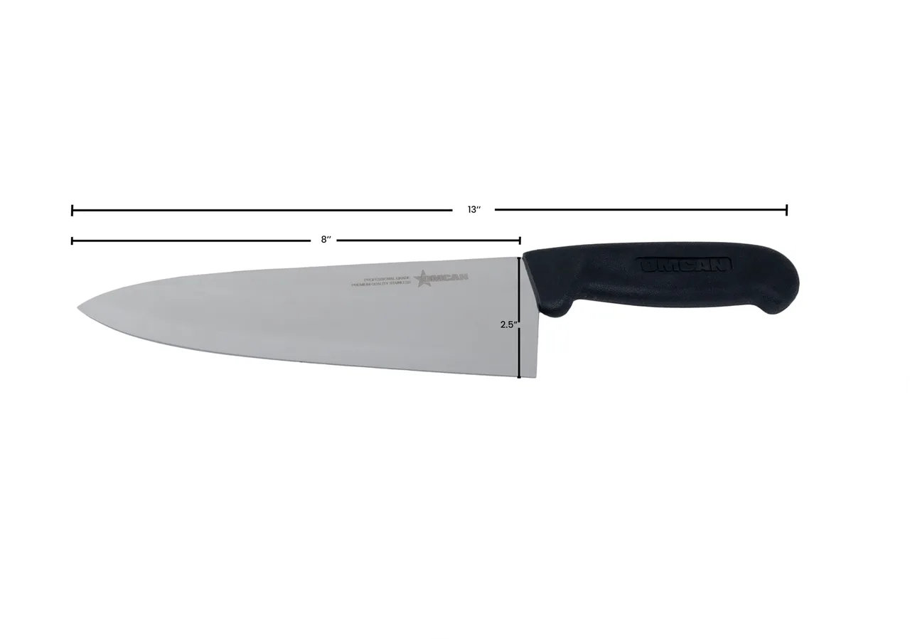 Omcan USA 11973 - 8" Cook Knife, Stamped Stainless Steel Blade, Black Polypropylene Handle, Regular