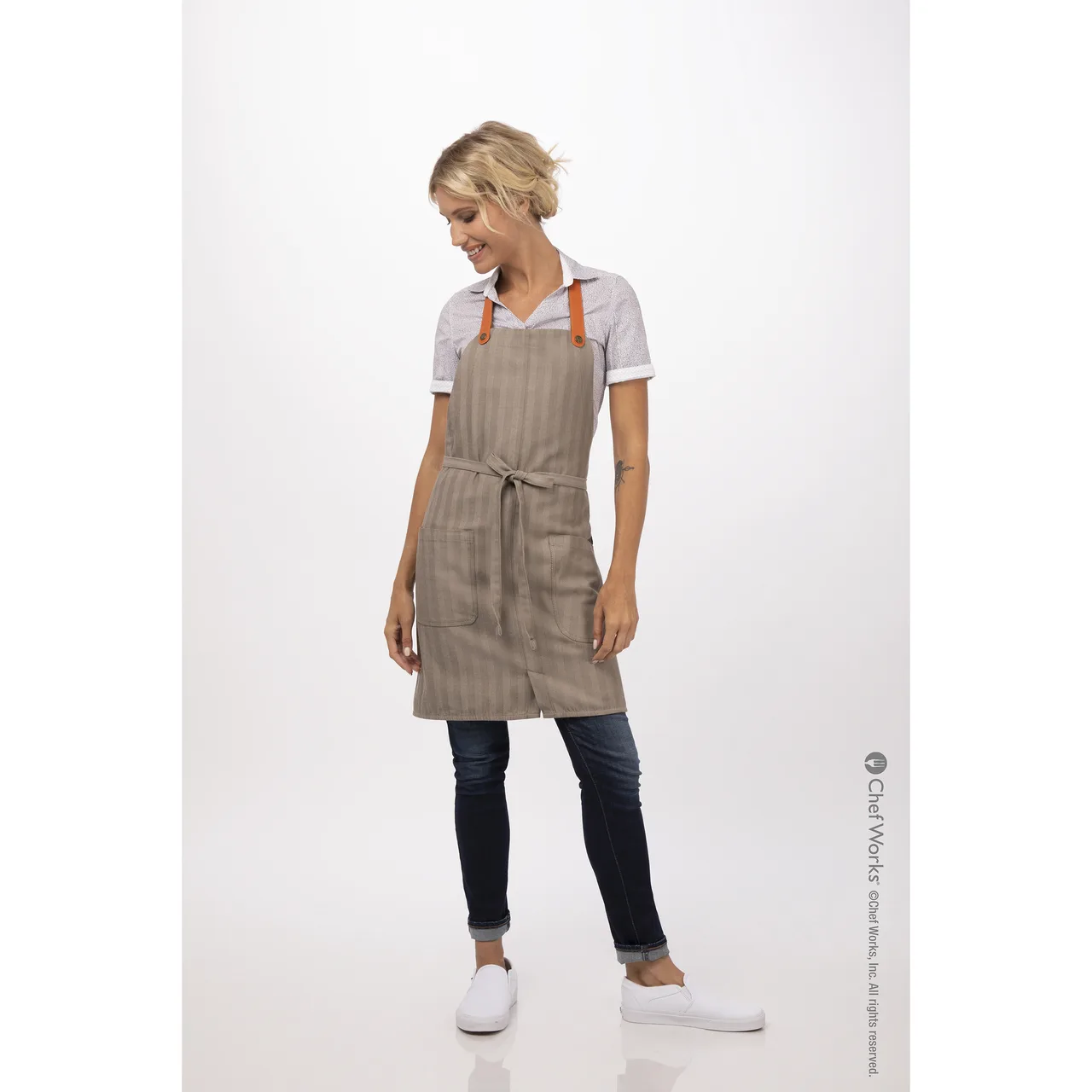 Chef Works ABS02-TAU-0 Seattle Bib Apron, 31"L x 38"W, Adjustable Strap, Pockets, Taupe, Poly/Cotton
