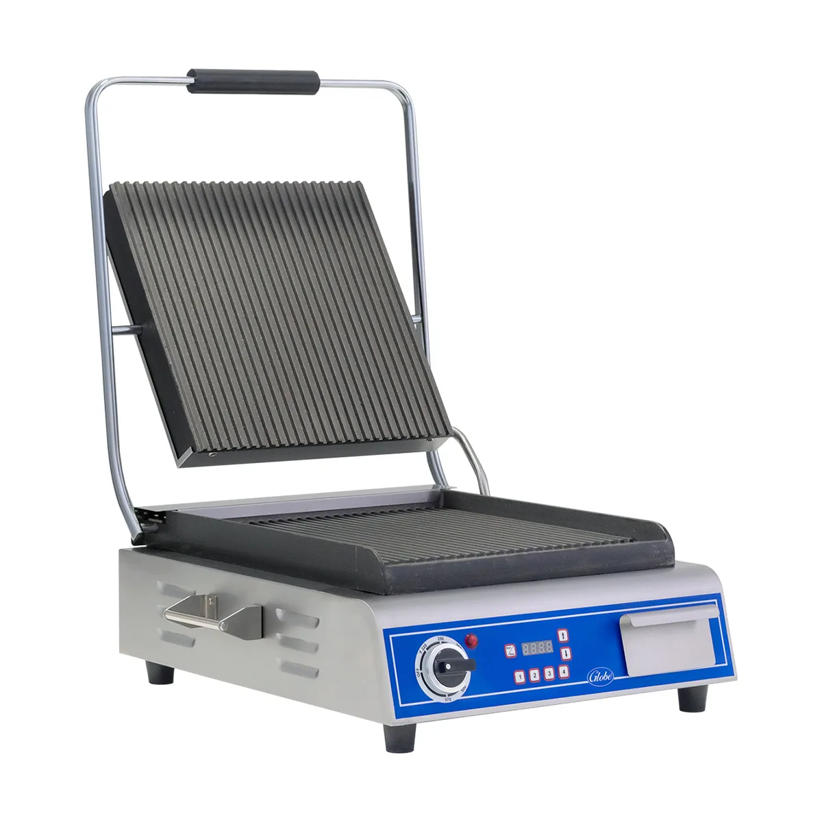 Globe GPG14D 22" Sandwich Panini Grill w/ Timer, 14" x 14" Grooved Plates, 120V