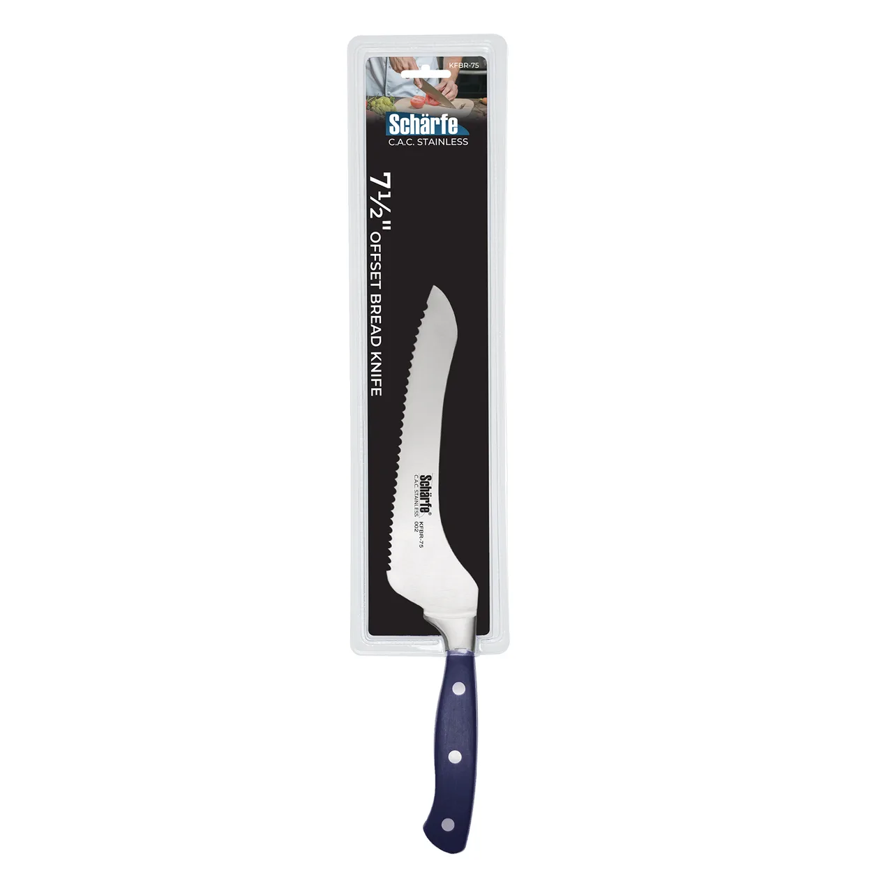 CAC China KFBR-75 Scharfe Bread Knife, 7-1/2" Offset, Forged, Tang, High-Carbon Steel, Black Handle