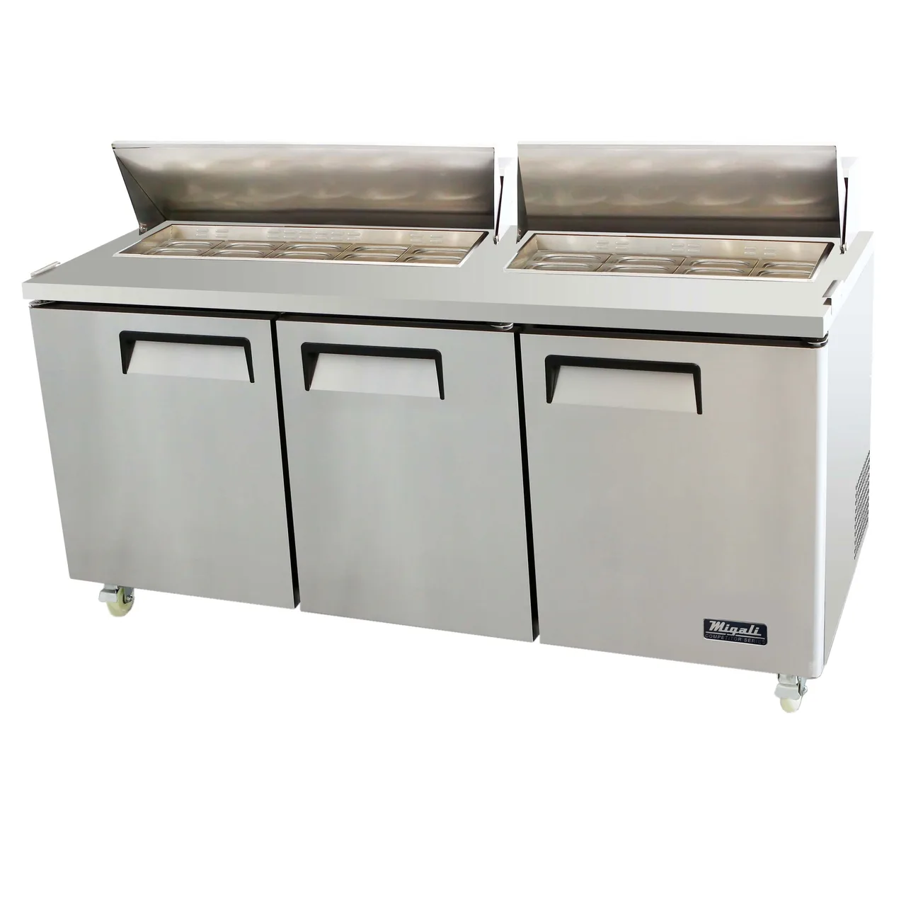 Migali C-SP72-18-HC 72" Two Section Sandwich/Salad Prep Table w/ 3 Doors, 18 Pans