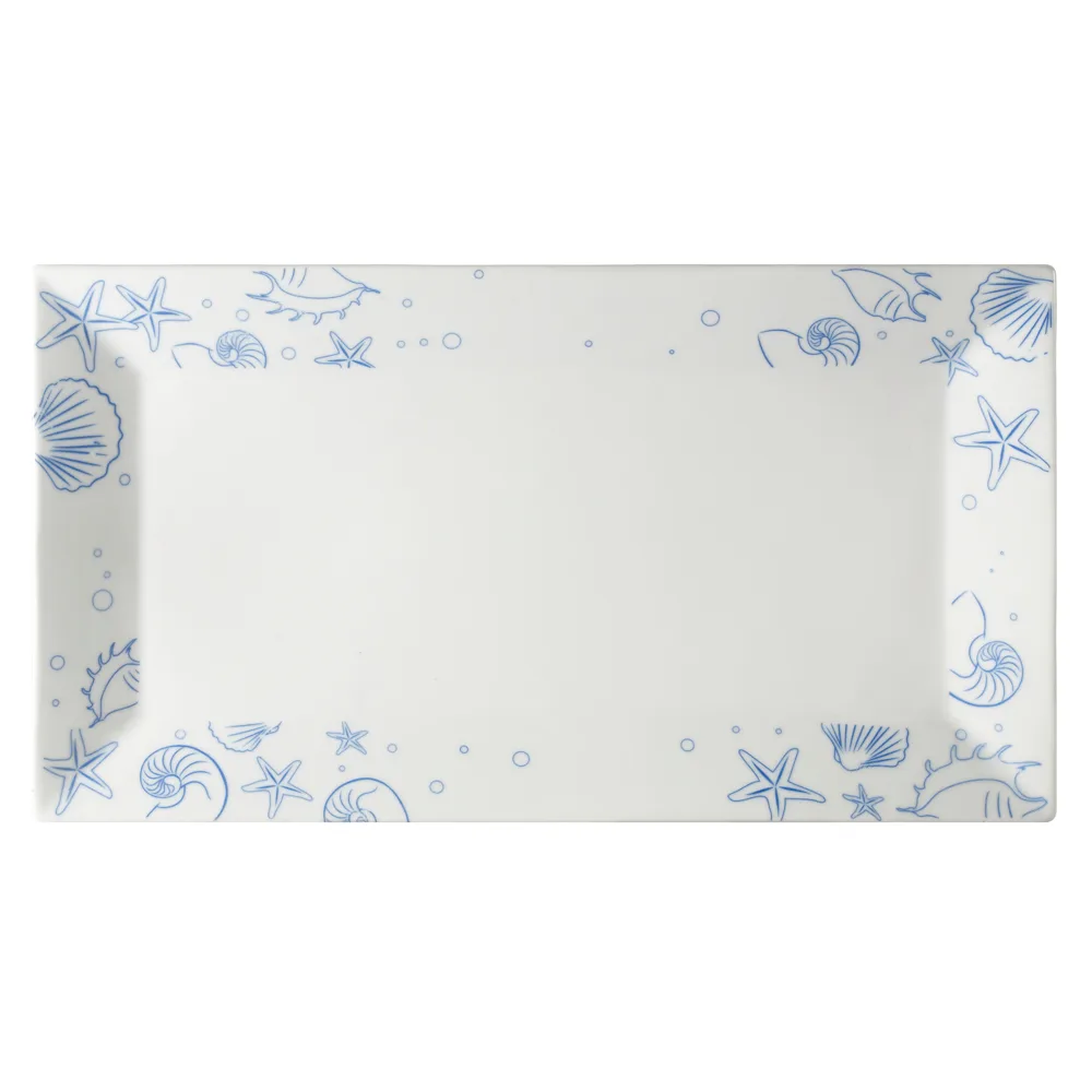 CAC China ATC-RT81 Porcelain Platter, 18"L x 10"W x 1-3/4"H, Blue Rim, White, Dishwasher Safe