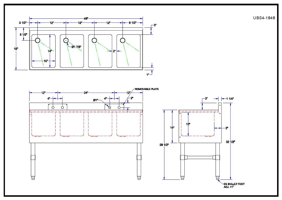 John Boos UBS4-1848 Underbar Sink Units, 4 Compartment without Drainboard