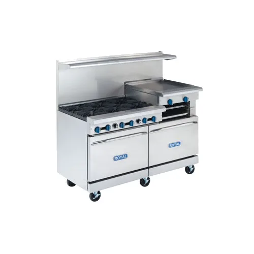 Royal Range of California RR-6RG24-CC 60" Gas Restaurant Range w/ (6) Open Burners, 24" Raised Griddle, (2) Convection Ovens, 280.000 BTU