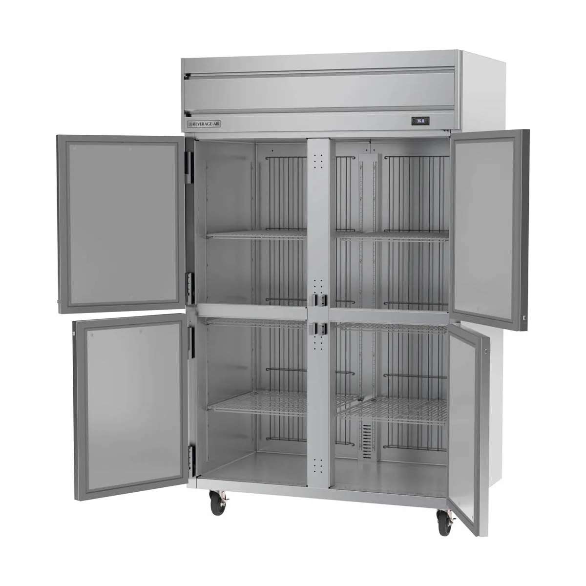 Beverage Air HRPS2HC-1HS 52" 2-Section Reach-In Refrigerator w/ 4 Solid Half Doors, Top Mounted, 1/3 hp, 47 cu. ft.