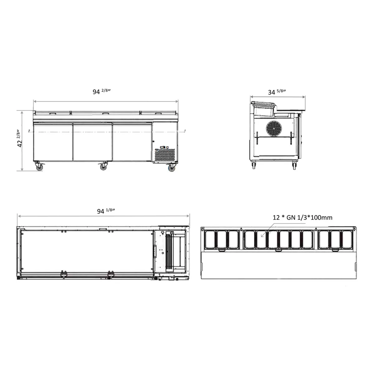 Hurakan HKN-PZ94R3D 94" Refrigerated Pizza Prep Table 3-Door, 12 X 1/3 Pans Capacity