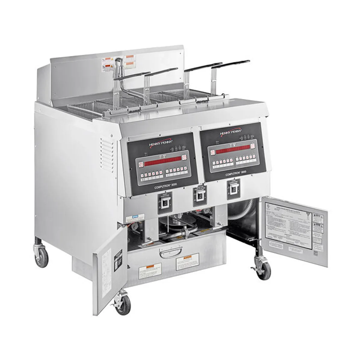 Henny Penny OFG322.08 Multiple Battery LP Gas Fryer w/ (2) 65 lbs Frypots, Built-In Filtration, Computron™ 8000