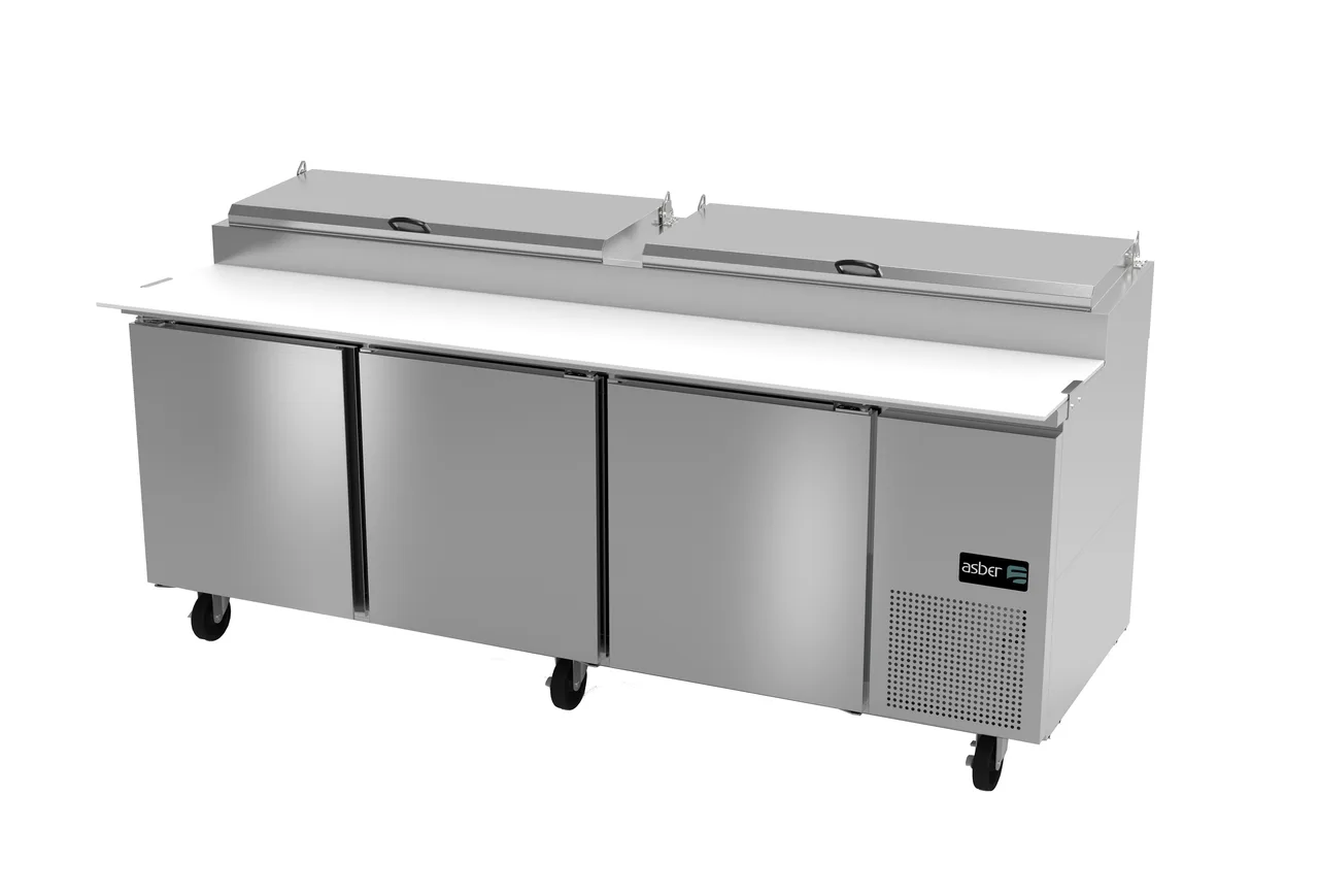 Asber APTP-93 93" 3-Section Refrigerated Pizza Prep Table w/ 3 Doors, (12) 1/3 Size Pans
