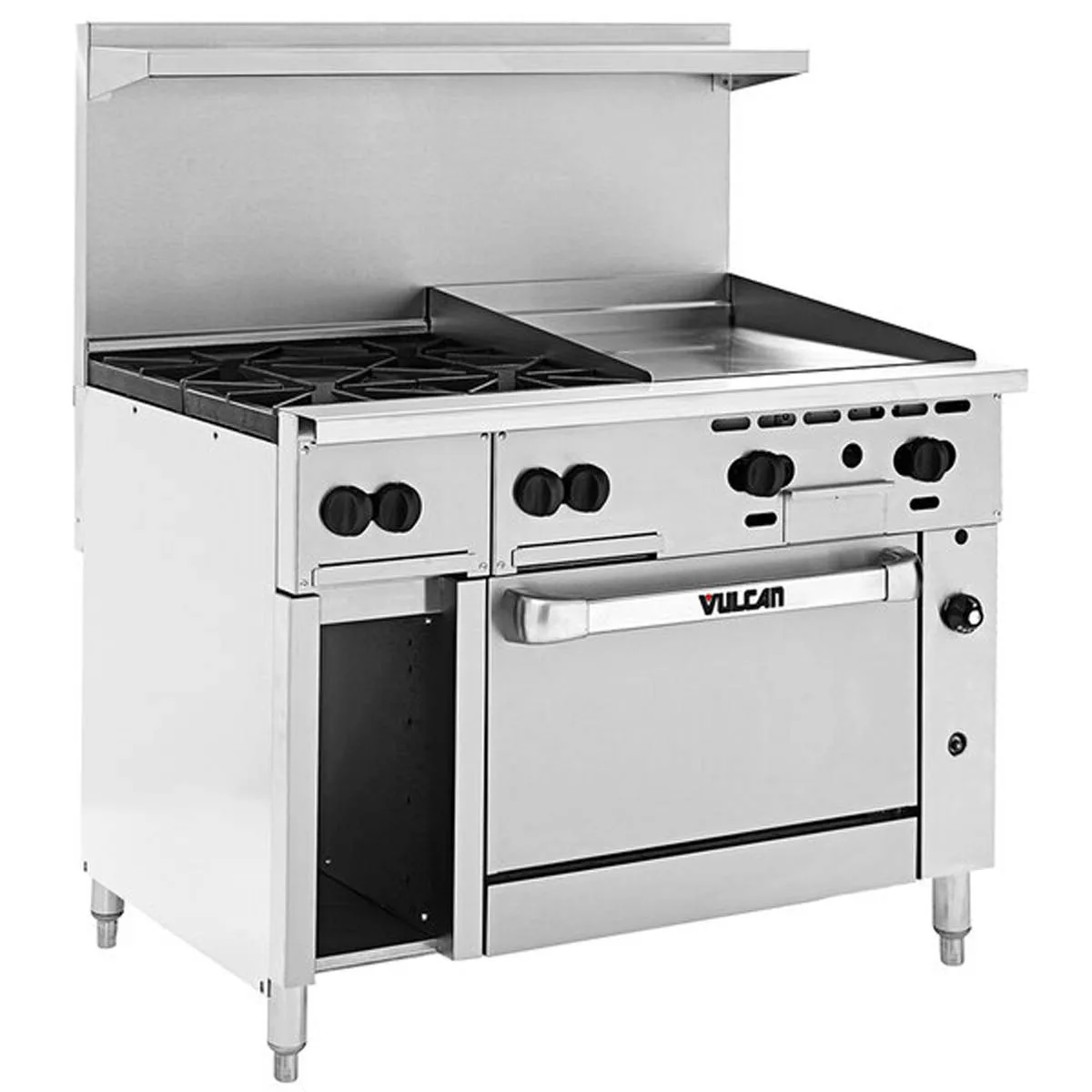 Vulcan 48C-4B24GT 48" Gas Restaurant Range w/ (4) Open Burners, 24" Griddle Right w/ Thermostatic Controls, (1) Convection Oven, (1) Cabinet Base, 195.000 BTU
