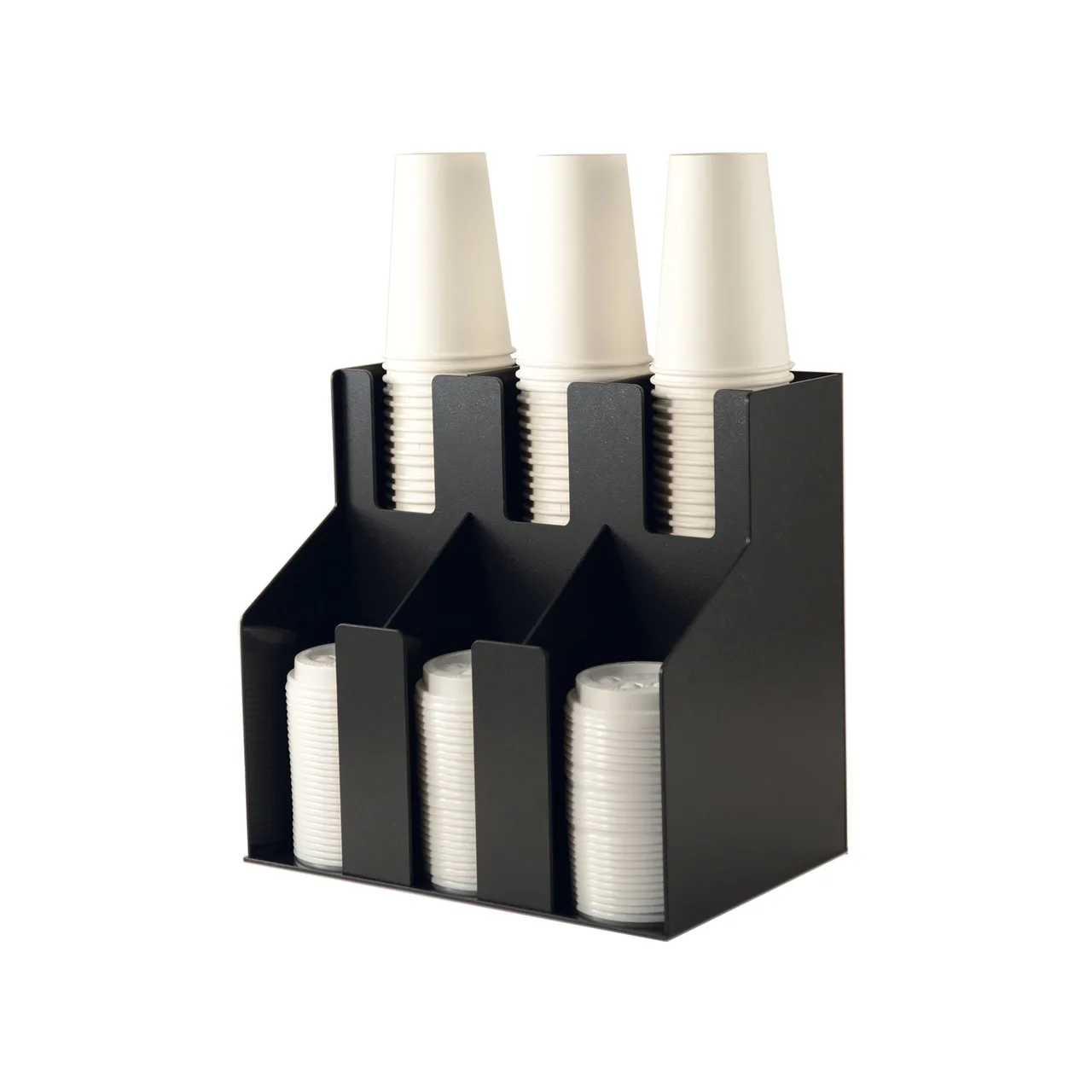 CAC China ACO2-3B Cup Lid Organizer, 2‑Tier 3‑Stack, Fits 4" Dia. Cups/Lids, Black Acrylic, BPA‑Free