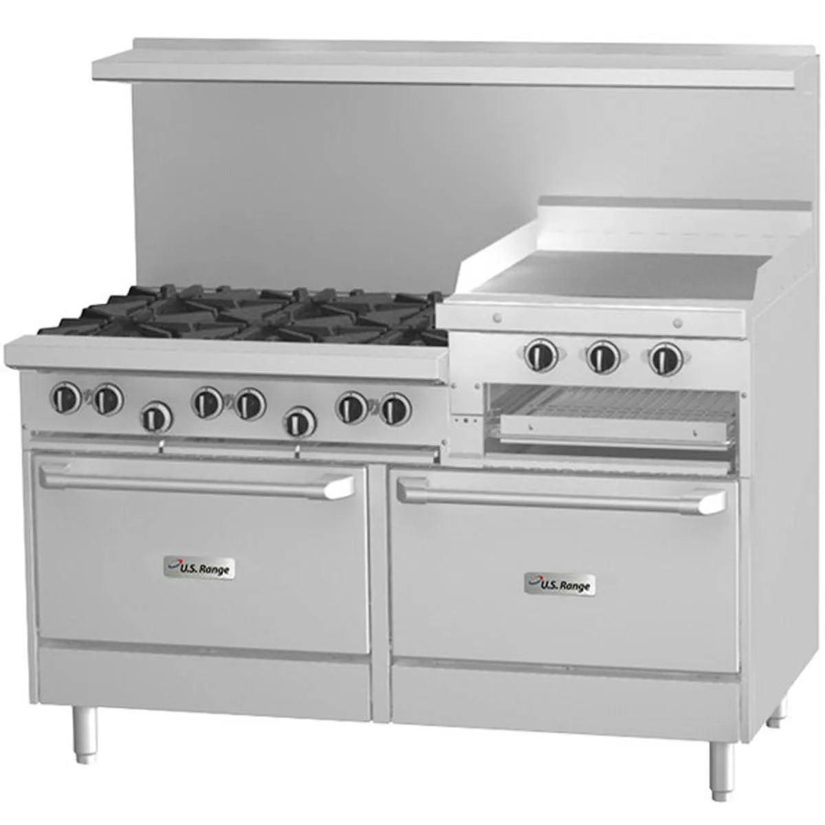 Garland US Range U60-6R24SS 60" Gas Restaurant Range w/ (6) Open Burners, 24" Raised Griddle/Broiler, (2) Cabinet Base, 225.000 BTU