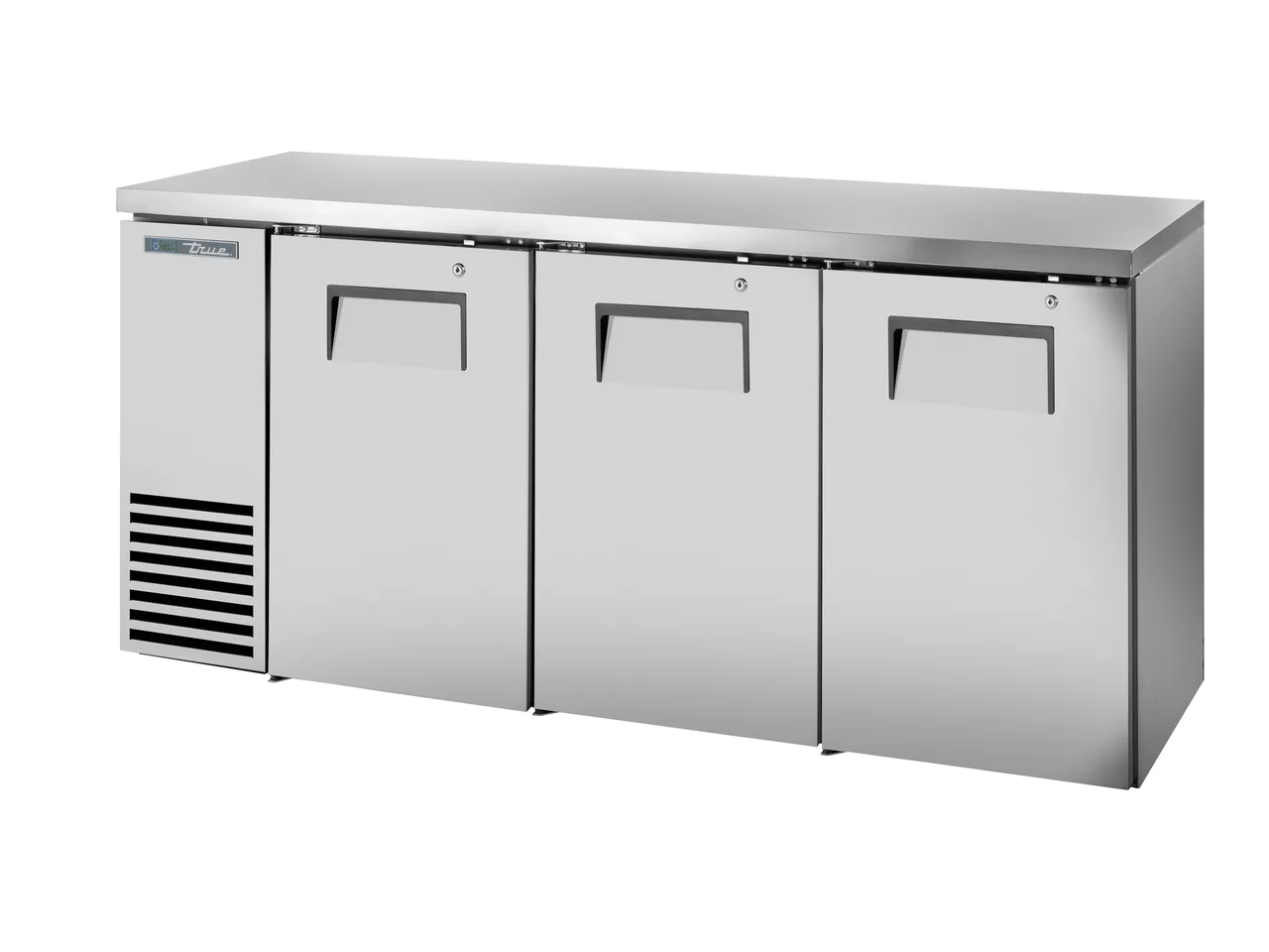 True TBB24-72-3S-Z1-SFT-S-1 72" 2‑Section Bar Cooler, 125 12‑oz Cans, Stainless, R290, 1/4 HP 115V