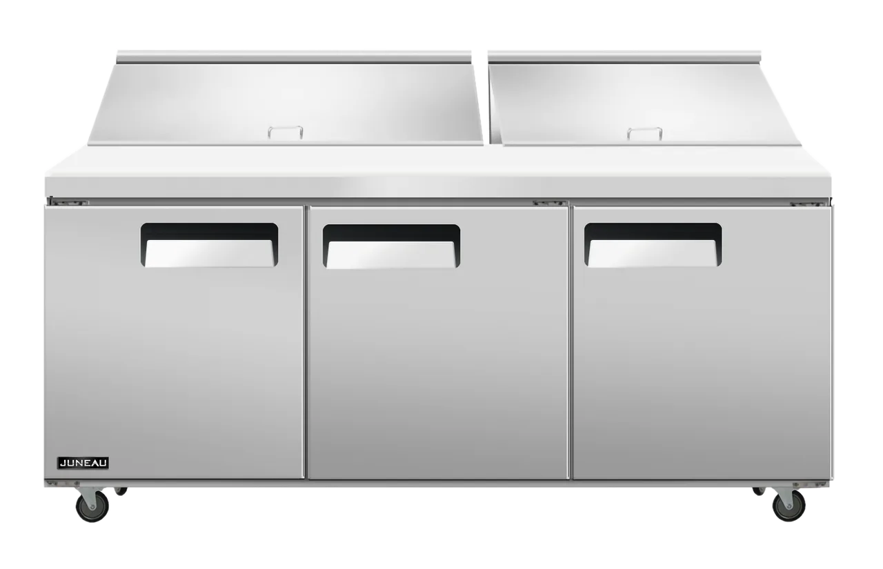 Omcan USA 58009 72" 3-Section Sandwich and Salad Prep Table w/ 3 Doors, 18 Pans, Stainless Steel