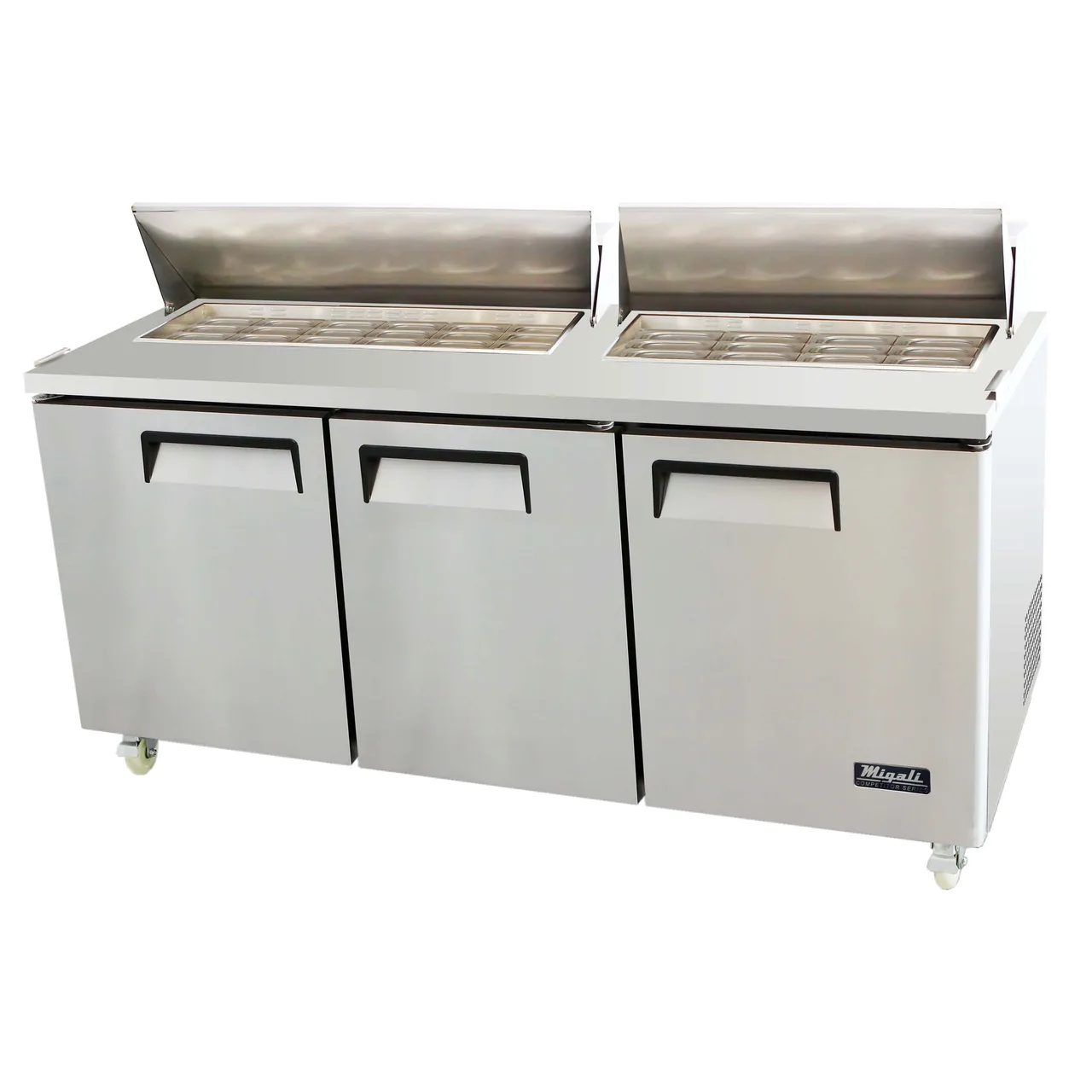 Migali C-SP72-30BT-HC 72" Three Section Mega Top Sandwich Prep Table w/ 3 Doors, 30 Pans