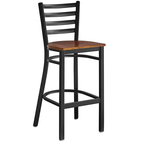 Omcan USA 47592+69742 Bar Height Metal Ladder Back Chair with Walnut Wood Seat, Armless, Legs Base