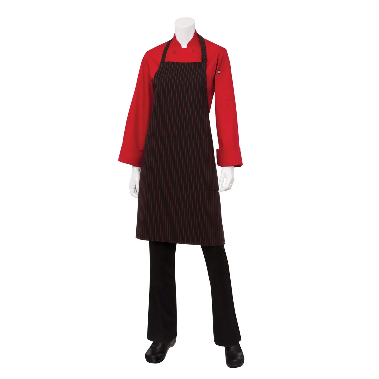Chef Works CSAA-BWP-0 Apron, 34-1/4"L x 27"W, Neck Strap, Pockets, PolyCotton, Black/White Pinstripe